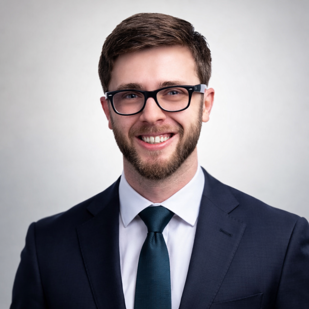 A young man with brown hair, beard, and glasses wearing a navy suit, white shirt, and tie, smiling at the camera.