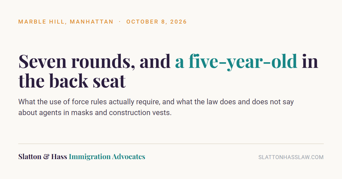 Graphic reading: Seven rounds, and a five-year-old in the back seat. Marble Hill, Manhattan, October 8, 2026.