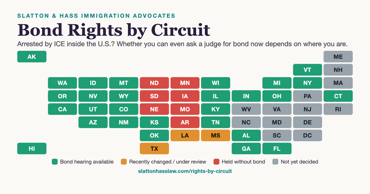 Map of the U.S. federal appeals circuits showing where detained immigrants can currently get a bond hearing, where they cannot, and where the law is unsettled.