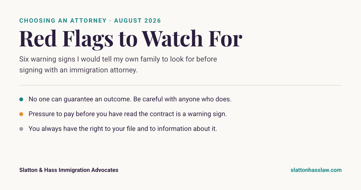 Graphic listing red flags when hiring an immigration attorney: no one can guarantee an outcome, pressure to pay before you have read the contract is a warning sign, and you always have the right to your file and to information about it.