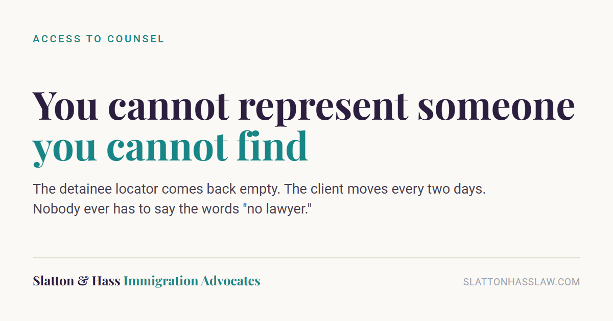 Graphic reading: Access to counsel. You cannot represent someone you cannot find. The detainee locator comes back empty. The client moves every two days.