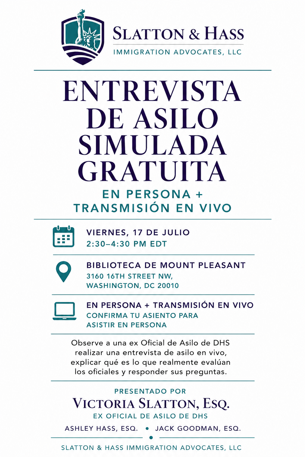 Folleto del evento Entrevista Simulada de Asilo Gratuita — Viernes, 17 de julio, de 2:30 a 4:00 pm, Biblioteca Mount Pleasant, Washington, DC