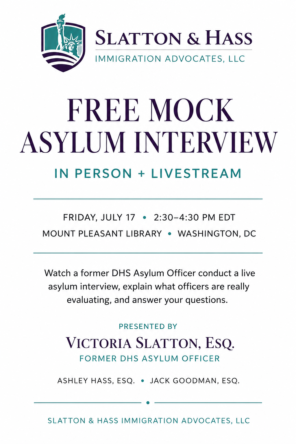 Free Mock Asylum Interview event flyer — Friday, July 17, 2:30–4:00 PM, Mount Pleasant Library, Washington, DC